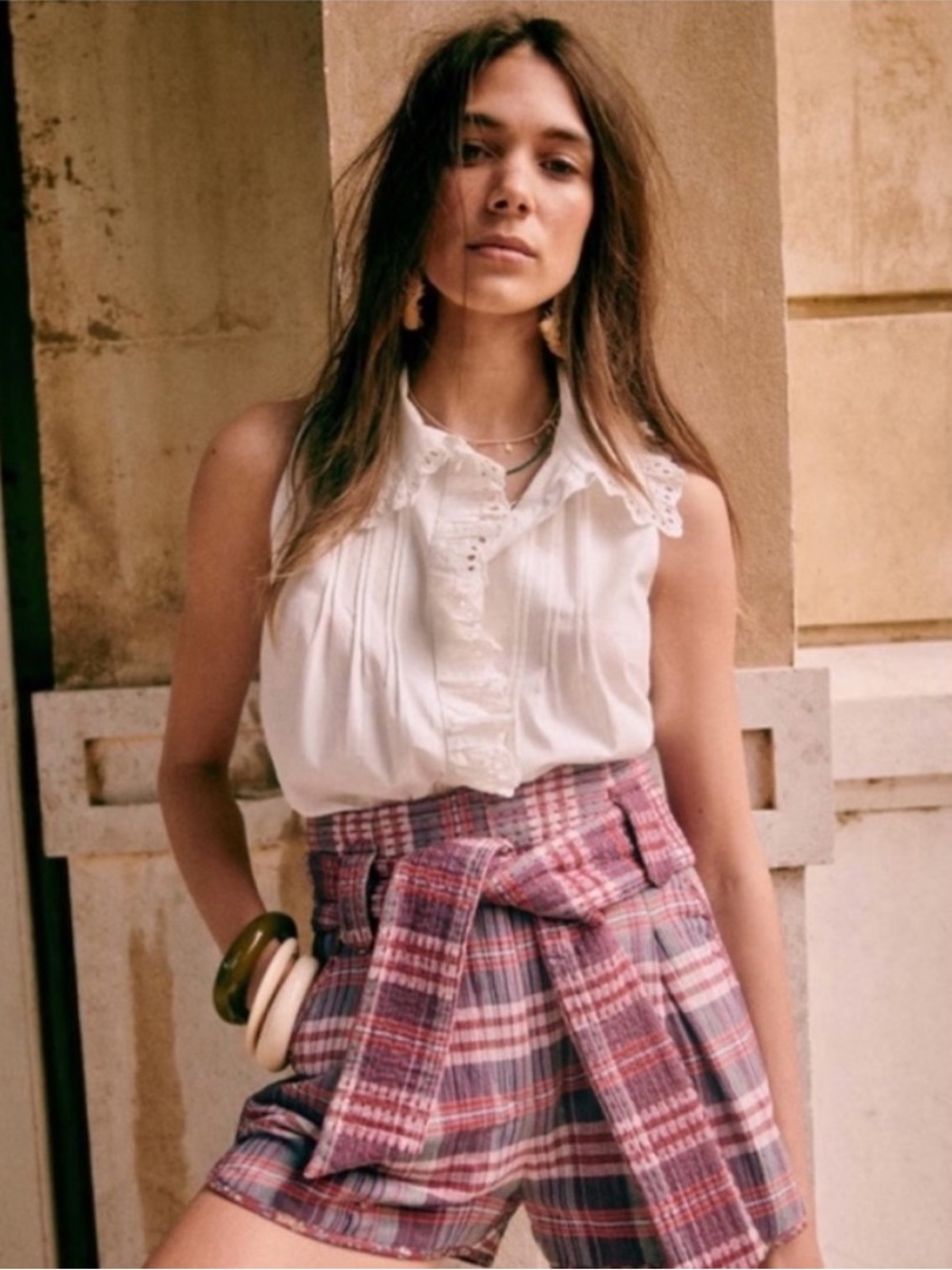 Sezane Florianne Tank Top Sleeveless Eyelet Ruffle Pintuck Cotton White Size 38